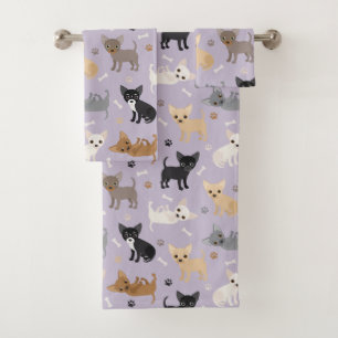 Chihuahua Knochen und Paare Lila Badhandtuch Set