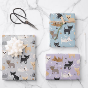 Chihuahua Knochen und Paws Grau Blau Lila Geschenkpapier Set