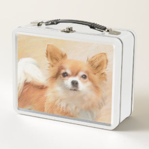 Chihuahua Langhaar-Hund Gemälde Original Kunst Metall Brotdose
