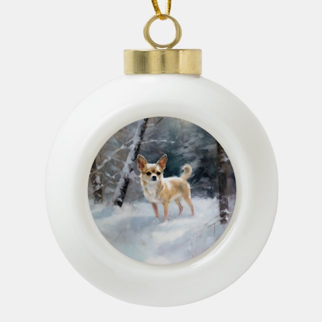 Chihuahua lässt es Weihnachten schnee Keramik Kugel-Ornament (Vorderseite)