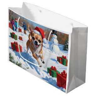 Chihuahua läuft im Schnee mit Weihnachtsmütze Große Geschenktüte