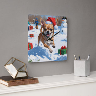 Chihuahua läuft im Schnee mit Weihnachtsmütze Quadratische Wanduhr