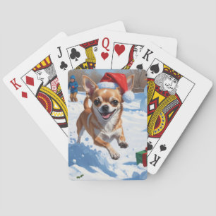Chihuahua läuft im Schnee mit Weihnachtsmütze Spielkarten