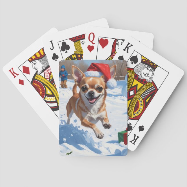 Chihuahua läuft in Schnee mit Weihnachtshut Spielkarten (Rückseite)