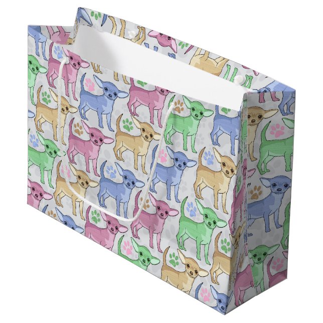 Chihuahua-Liebhaber-buntes Muster Große Geschenktüte (Vorderseite Schrägansicht)