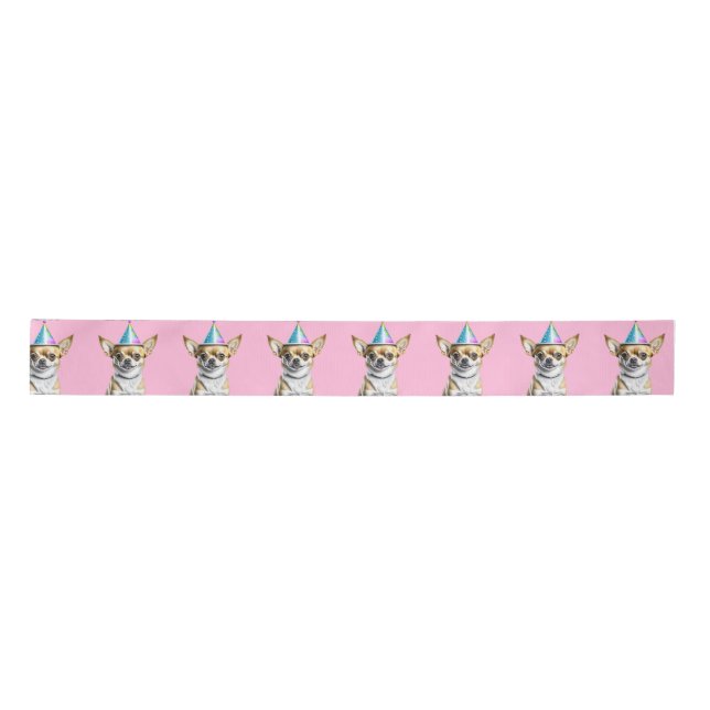 Chihuahua mit Birthday Hat Satinband (Vorderseite)