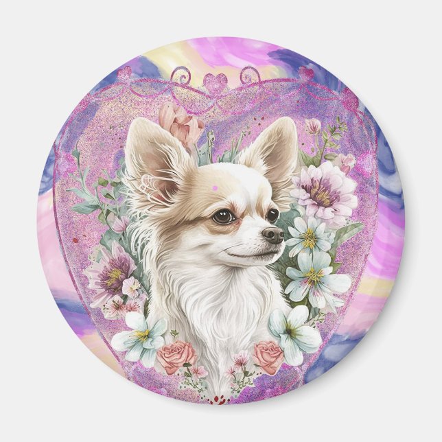 Chihuahua mit Blume pink Magnet (Vorne)
