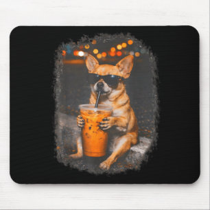 Chihuahua mit Brille, der eisgekühlten Kaffee trin Mousepad