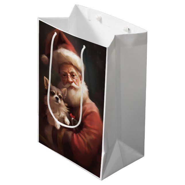 Chihuahua mit Weihnachtsmann Mittlere Geschenktüte (Vorderseite Schrägansicht)