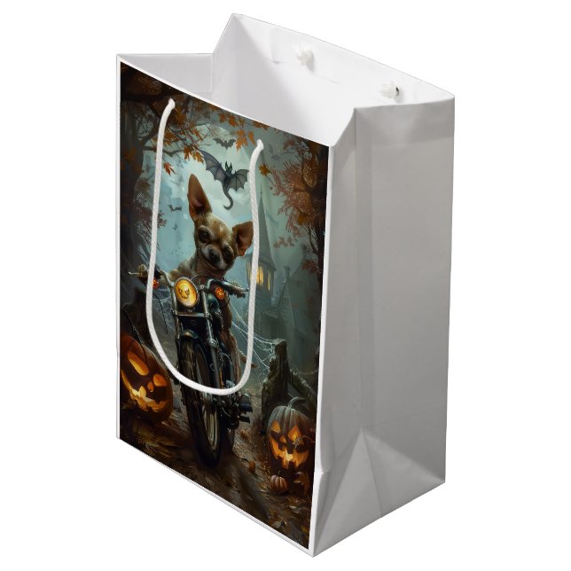 Chihuahua-Motorrad Halloween Beängstigend Mittlere Geschenktüte (Vorderseite Schrägansicht)