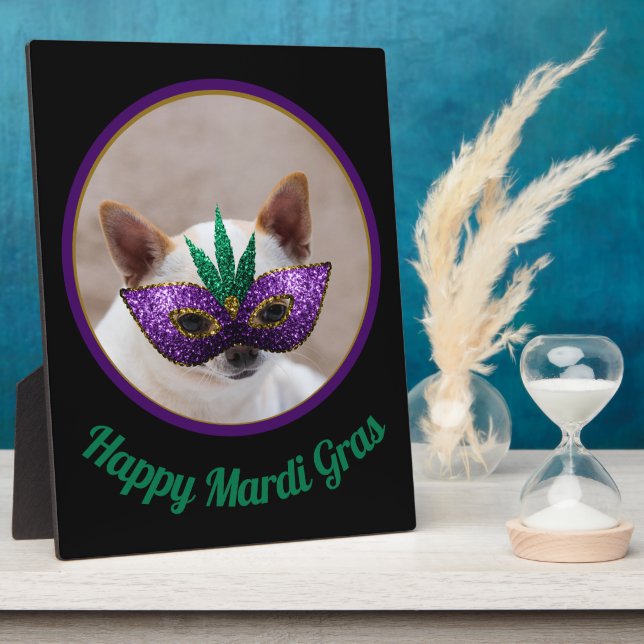 Chihuahua niedlich Happy Mardi Gras funkelnd Maske Fotoplatte (Seite)