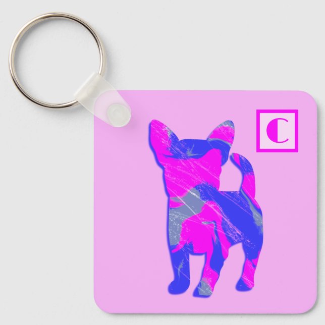 Chihuahua Niedlicher Hund Pink & Blue Silhouette M Schlüsselanhänger (Vorderseite)