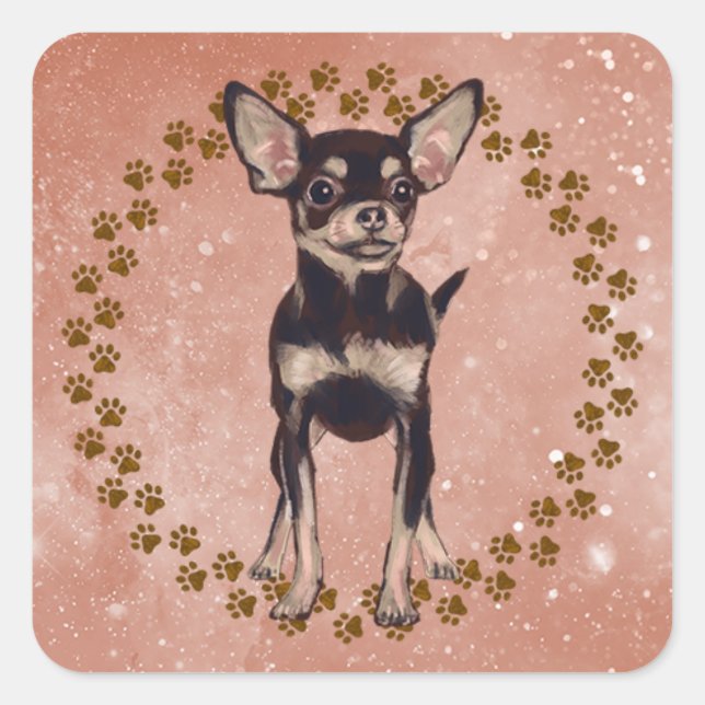 Chihuahua Paw Prints und Hintergrundinformationen  Quadratischer Aufkleber (Vorderseite)