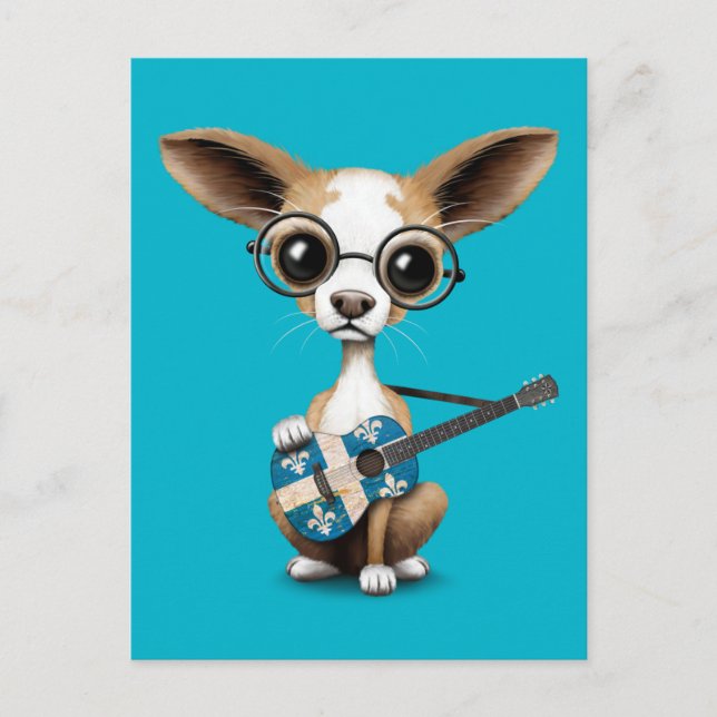 Chihuahua Puppy Dog Quebec Flag Gitarre spielen Postkarte (Vorderseite)