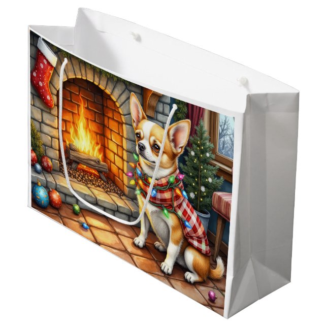 Chihuahua Sitting Fireplace with Christmas Lights Große Geschenktüte (Vorderseite Schrägansicht)