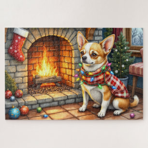 Chihuahua sitzt vor dem Kamin mit Weihnachtslichte