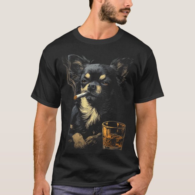Chihuahua Smoking Cigarette Whisky Lover Funny Dog T-Shirt (Vorderseite)