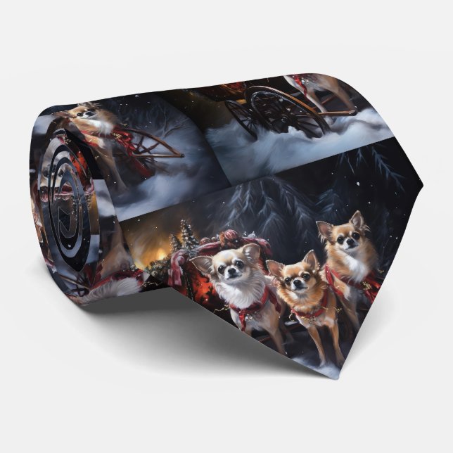 Chihuahua Snowy Sleigh Weihnachtsdekor Krawatte (Gerollt)