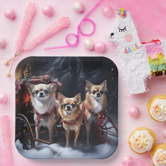 Chihuahua Snowy Sleigh Weihnachtsdekor Pappteller (Party)