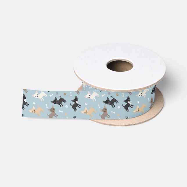 Chihuahua-Tatzen-und Knochen-Muster-Blau Satinband (Spule)