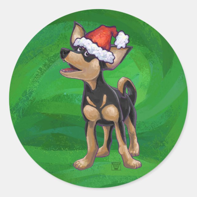 Chihuahua Weihnachten auf Grün Runder Aufkleber (Vorderseite)