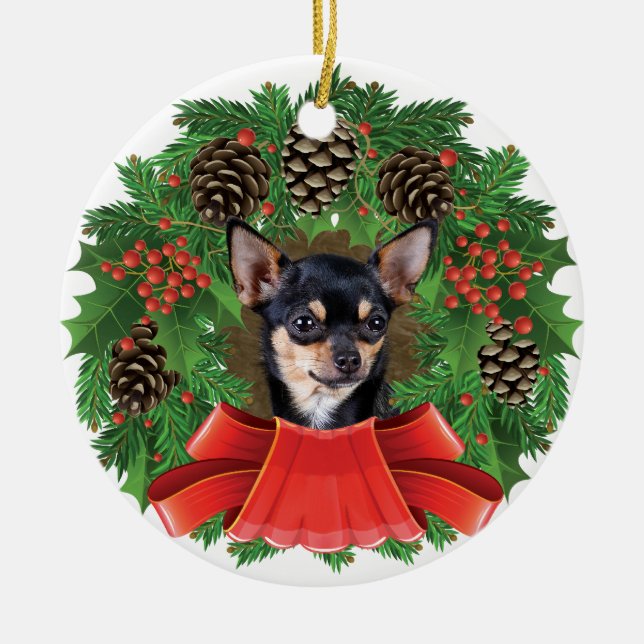 Chihuahua Weihnachtsfest Wreath Keramik Ornament (Vorne)