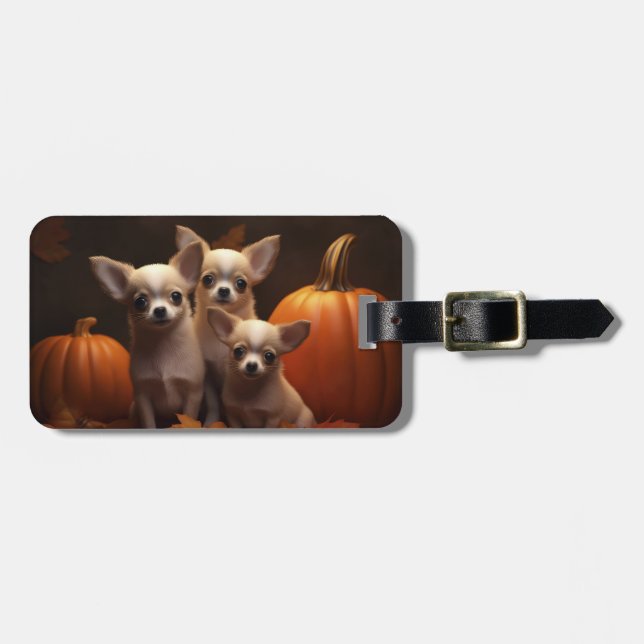 Chihuahua Welpe Autumn Delight Pumpkin Gepäckanhänger (Vorderseite horizontal)