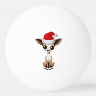 Chihuahua-Welpe, der eine Weihnachtsmannmütze Tischtennisball