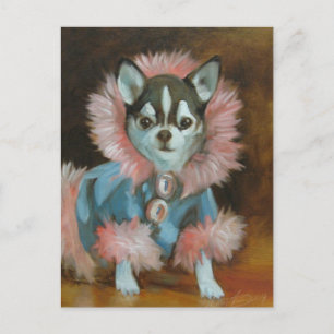 Chihuahua-Welpe mit rosa und blauer Jacke Postkarte