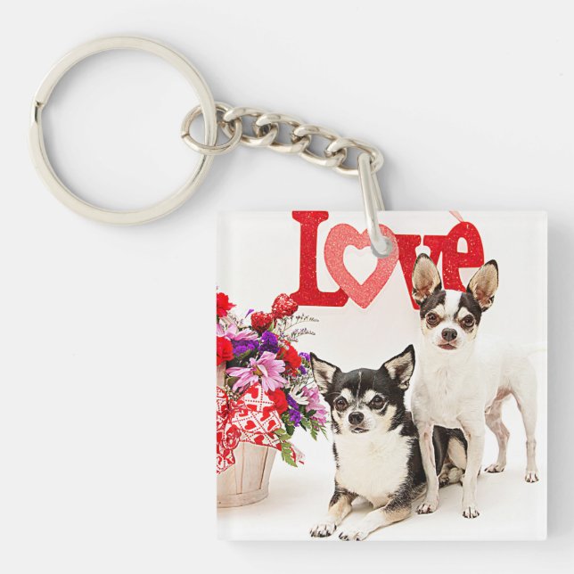 Chihuahuas, Blume und Liebe Schlüsselanhänger (Vorderseite)