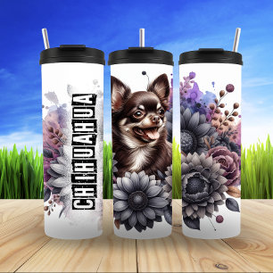 Chihuahuas Graustufen-Blütenleder Thermosbecher