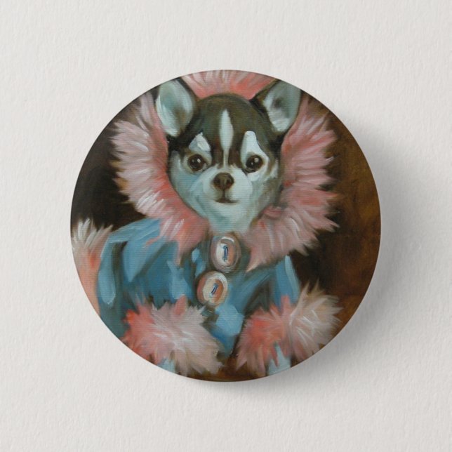 Chihuahuawelpe mit rosa und blauer Jacke Button (Vorderseite)