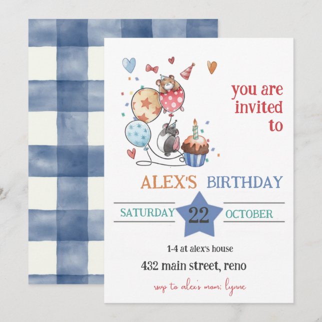 Child Birthday Invitation with Hedgehog (Devant / Derrière)