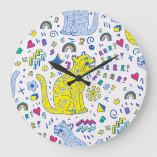 Childisch-Tiger und Regenbogenmuster Große Wanduhr