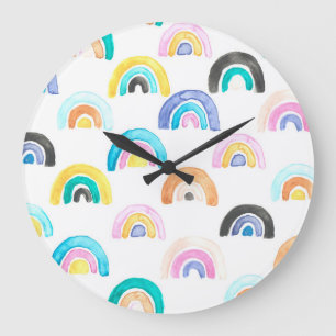 Childischer Regenbogen, Wasserfarbe Kindermuster. Große Wanduhr