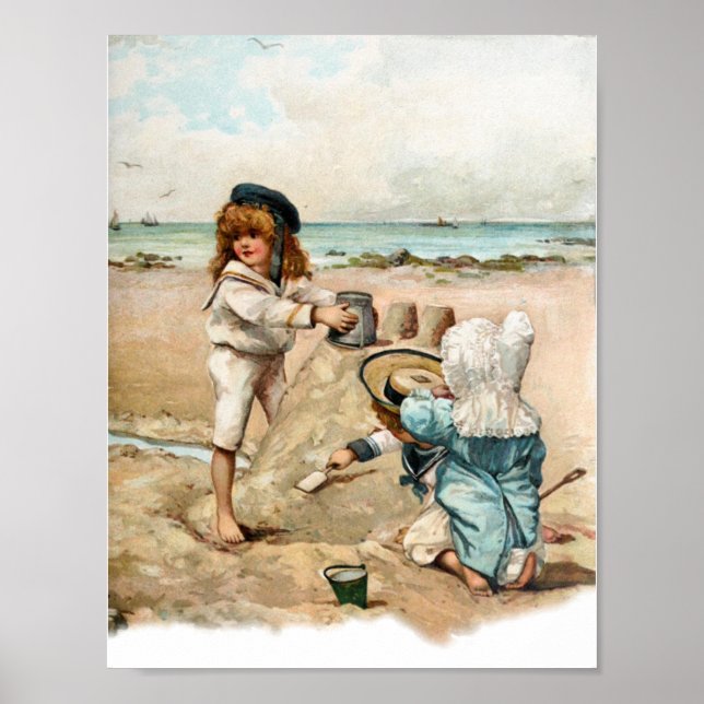 Children Build Vintage Sandcastle Poster (Vorne)