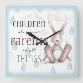 Children Obey Your Eltern-Col 3:20 Blue Quadratische Wanduhr
