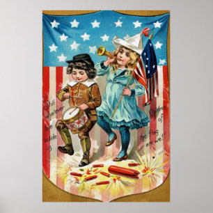 Children Parade American Flag Vintag 4. Juli Poster
