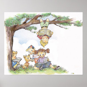 Children reading books poster