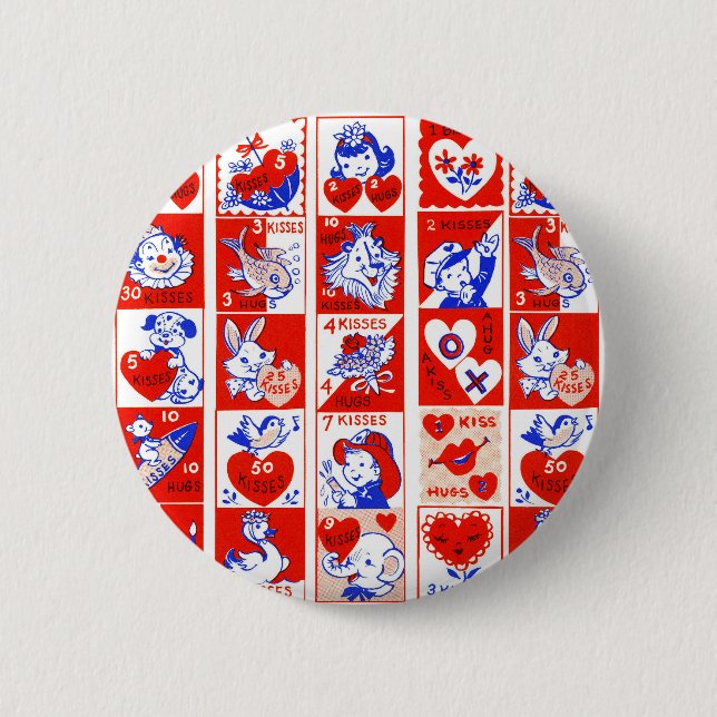 Children Valentine Greeting Hugs Kisses Red White Button (Vorderseite)