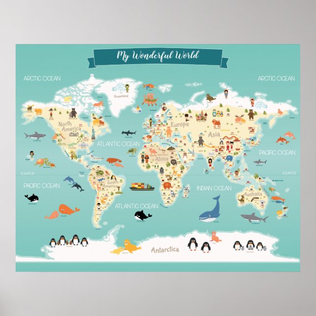 Children World Map mit Illustrationen Poster (Vorne)
