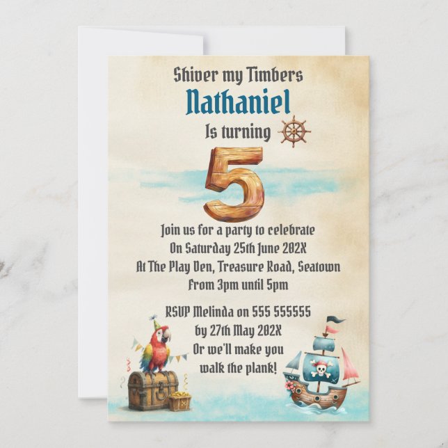Childrens Pirate Themed Birthday Party Invitation (Devant)