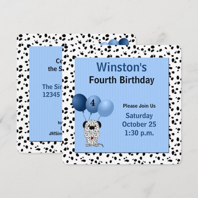 Childs 4th Birthday Dalmatian Theme in Blue Einladung (Vorne/Hinten)