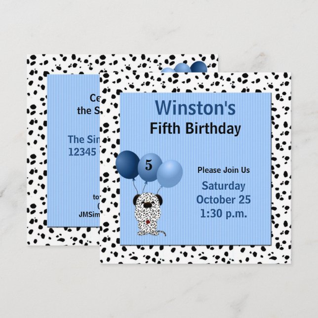 Childs 5th Birthday Party Blue Dalmatian Theme Einladung (Vorne/Hinten)