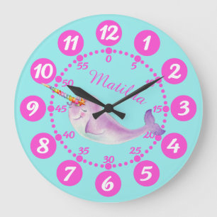 Child's cute narwhal whimsy watercolor pink aqua große wanduhr