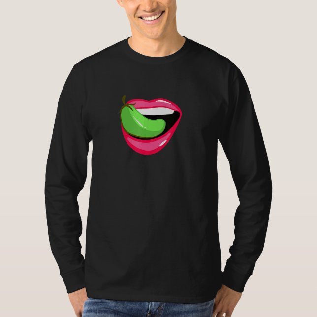 Chili Kopf Pfeffer in Mund scharfe Gerichte T-Shirt (Vorderseite)