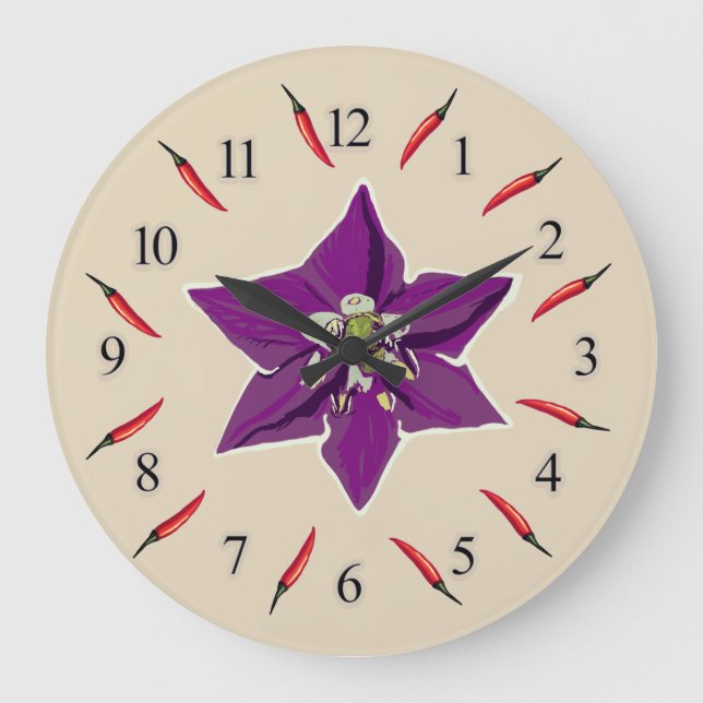 Chili-Paprikaschoten-lila Blüten-Wand-Uhr Große Wanduhr (Vorderseite)