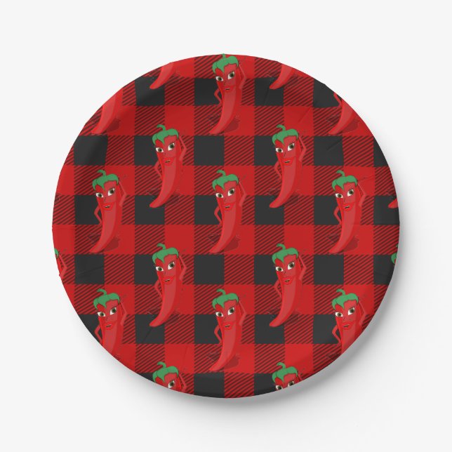 Chili Pepper Buffalo Kariertes Muster Schwarz und  Pappteller (Vorderseite)
