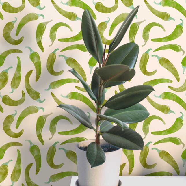Chili Pepper Grüne Creme Tapete (Hot and spicy watercolor green chili pepper pattern art wallpaper)