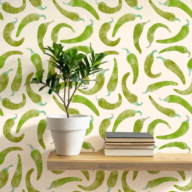 Chili Pepper Grüne Creme Tapete (Hot and spicy watercolor green chili pepper pattern art wallpaper)